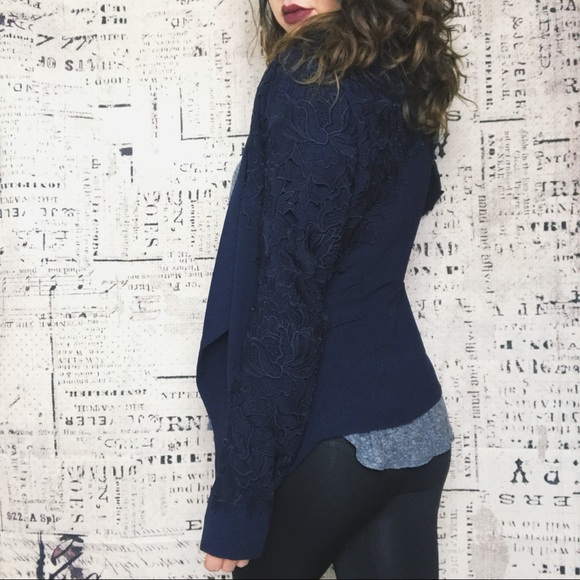 OneTheLand Lace Appliqué Midnight Blue Blazer - Picture 3 of 8